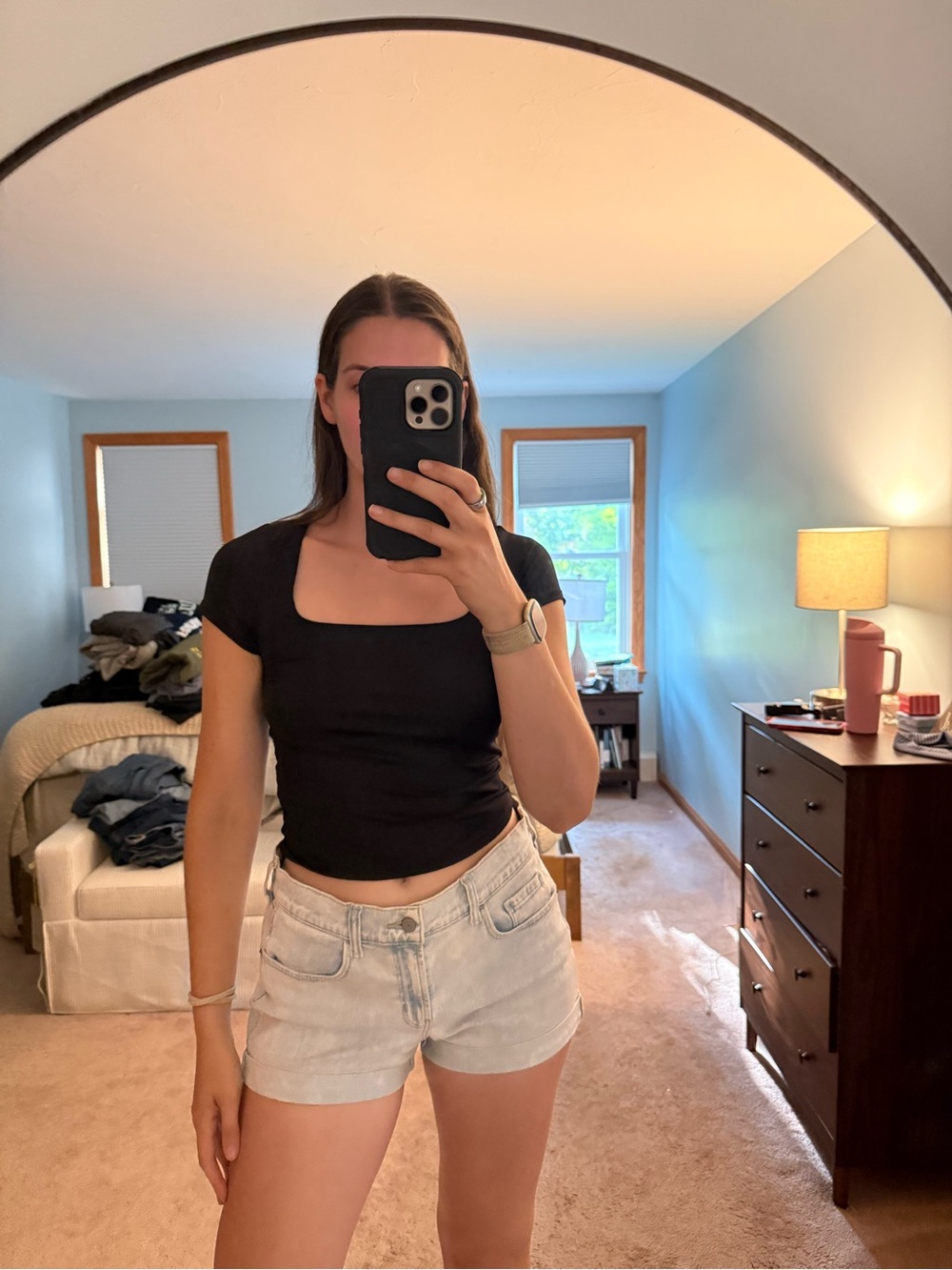 Black Square Neck Short Sleeve Crop Top - Women's Tee